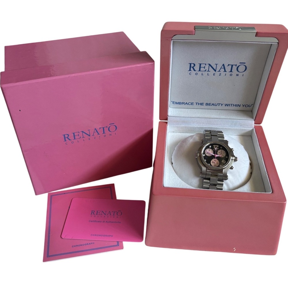 Renato Beauty Chronograph Swiss Movt Black Pink Dial Crystal Women's Watch Date - Picture 2 of 8